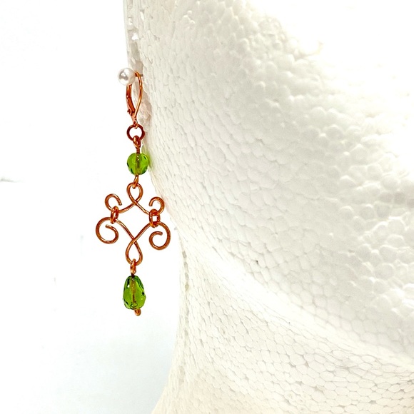 HANDCRAFTED Pure Copper Chandelier Earrings w/ Vintage Faceted Glass Bead Accent - Picture 9 of 10